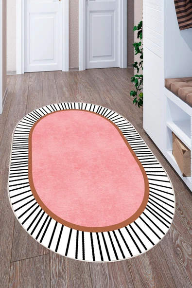 Modern Çizgili Oval Dijital Baskılı Kaymaz Taban Yıkanabilir Halı Salon Oturma Odası Antre Hol Halısı 80 x 300 cm Pembe ürün görseli 1