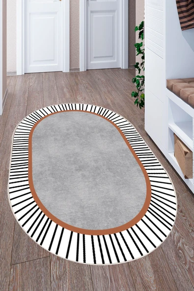 Modern Çizgili Oval Dijital Baskılı Kaymaz Taban Yıkanabilir Halı Salon Oturma Odası Antre Hol Halısı 80 x 150 cm Gri ürün görseli 1