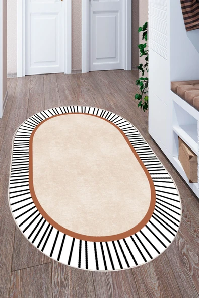 Modern Çizgili Oval Dijital Baskılı Kaymaz Taban Yıkanabilir Halı Salon Oturma Odası Antre Hol Halısı 120 x 180 cm Bej ürün görseli 1
