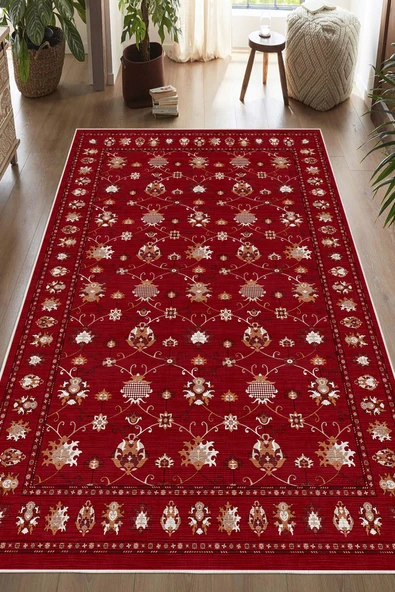Dijital Baskılı Renkli Kilim Desenli Kaymaz Taban Yıkanabilir Halı 50 x 60 cm Bordo