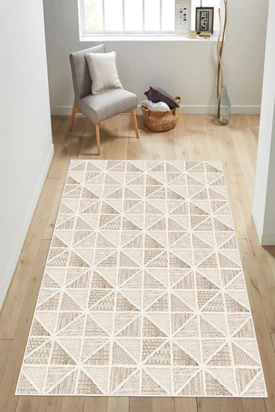 Geometrik Desenli Modern Baskılı Kaymaz Yıkanabilir Salon Oturma Odası Mutfak Antre Halısı Yolluk 160 x 230 cm Bej ürün görseli 1