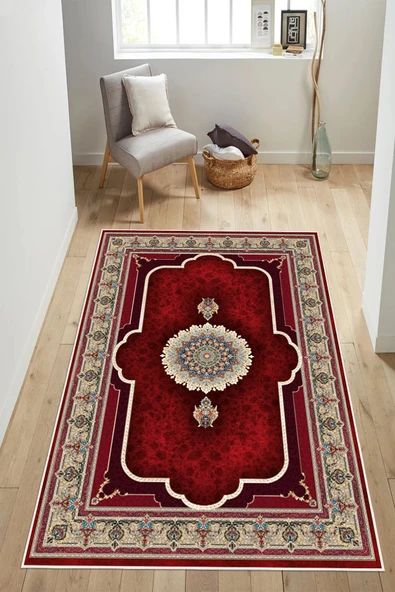 Klasik Desenli Göbekli Baskılı Kaymaz Yıkanabilir Salon Oturma Odası Halısı Yolluk 80 x 400 cm Kırmızı ürün görseli 1