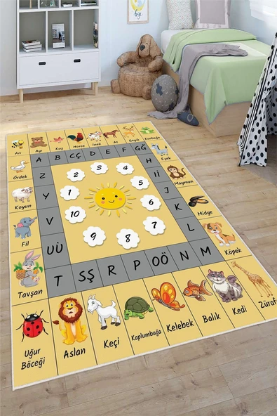 Alfabe Desenli Baskılı Yıkanabilir Kaymaz Taban Eğitici Öğretici Anaokulu ve Kreş Halısı 80 x 300 cm Gri ürün görseli 1