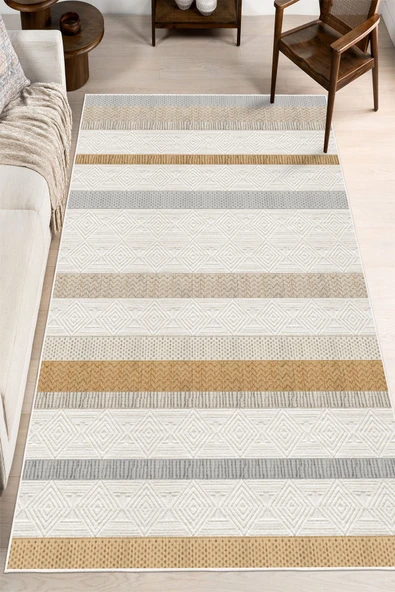 Çizgili Desen Baskılı Kaymaz Yıkanabilir Salon Oturma Odası Mutfak Antre Halısı Yolluk 80 x 300 cm Turuncu ürün görseli 1