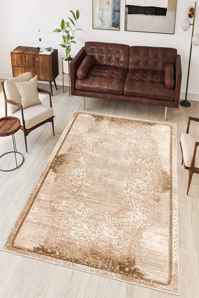 Çerçeve Desen Baskılı Kaymaz Yıkanabilir Salon Oturma Odası Mutfak Antre Halısı Yolluk 50 x 60 cm Bej