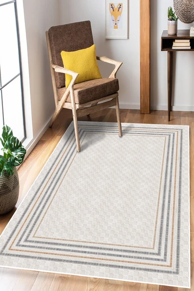 Modern Çerçeveli Baskılı Kaymaz Yıkanabilir Salon Oturma Odası Mutfak Antre Halısı Yolluk 100 x 400 cm Gri ürün görseli 1