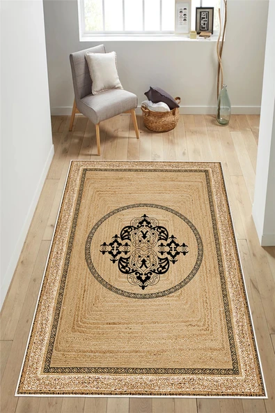 Jüt Görünümlü Modern Desen Baskılı Kaymaz Yıkanabilir Salon Oturma Odası Mutfak Antre Halısı Yolluk 120 x 180 cm Bej ürün görseli 1