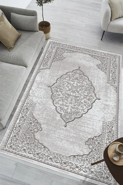 Göbekli Klasik Desen Baskılı Kaymaz Yıkanabilir Salon Oturma Odası Mutfak Halısı Yolluk 50 x 60 cm Gri