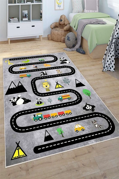 Yol Desenli Baskılı Yıkanabilir Kaymaz Taban Çocuk Oyun Halısı 80 x 250 cm Gri ürün görseli 1