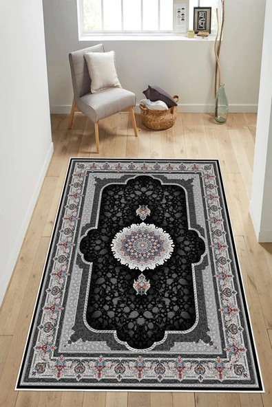 Klasik Desenli Göbekli Baskılı Kaymaz Yıkanabilir Salon Oturma Odası Halısı Yolluk 80 x 150 cm Gri ürün görseli 1