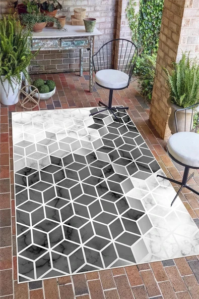 Gri Geometrik Desen Baskılı Kaymaz Yıkanabilir Salon Oturma Odası Mutfak Antre Halısı Yolluk 100 x 250 cm Gri ürün görseli 1