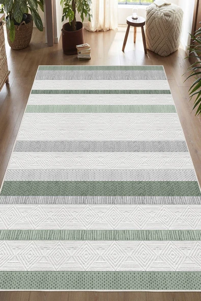 Çizgili Desen Baskılı Kaymaz Yıkanabilir Salon Oturma Odası Mutfak Antre Halısı Yolluk 200 x 300 cm Yeşil ürün görseli 1