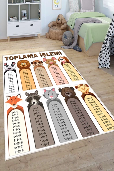 Toplama İşlemi Desenli Baskılı Yıkanabilir Kaymaz Eğitici Öğretici Anaokulu Kreş Halısı 80 x 300 cm Çok Renkli ürün görseli 1