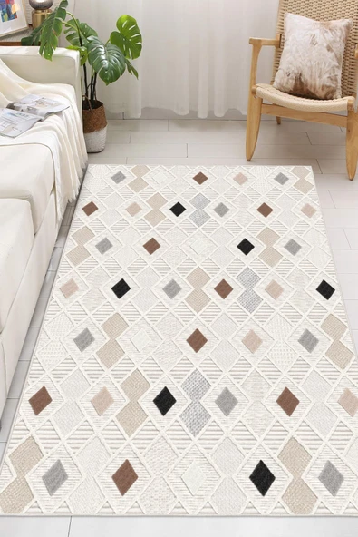 Etnik Baklava Desenli Baskılı Kaymaz Yıkanabilir Salon Oturma Odası Mutfak Antre Halısı Yolluk 200 x 400 cm Bej ürün görseli 1