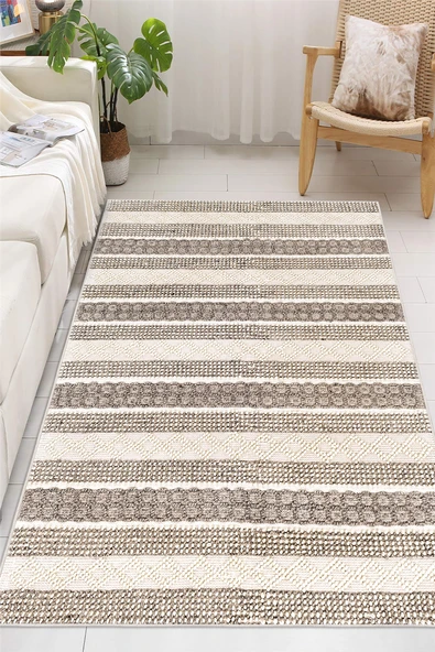 Modern Kilim Desenli Bej Baskılı Kaymaz Yıkanabilir Salon Oturma Odası Mutfak Antre Halısı Yolluk 50 x 60 cm Bej