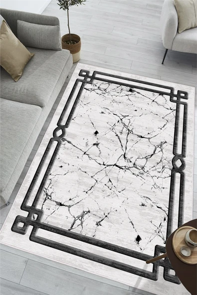 Mermer Desenli Çerçeveli Baskılı Kaymaz Yıkanabilir Salon Oturma Odası Antre Mutfak Halısı Yolluk 100 x 150 cm Gri ürün görseli 1