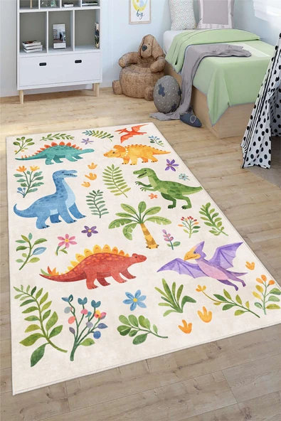 Sevimli Dinazor Desenli Dijital Baskılı Yıkanabilir Kaymaz Taban Çocuk Halısı 200 x 400 cm Çok Renkli ürün görseli 1