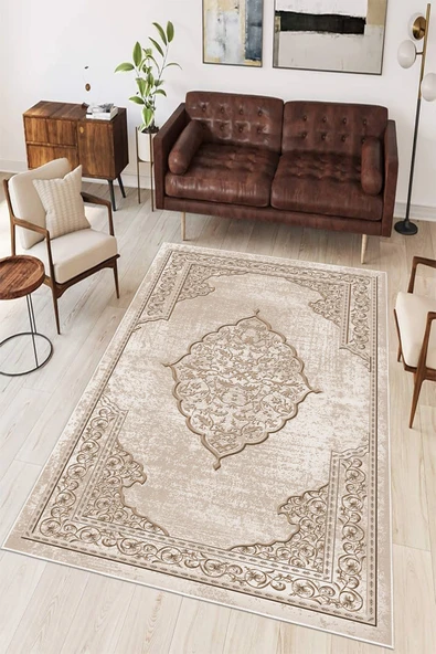 Göbekli Klasik Desen Baskılı Kaymaz Yıkanabilir Salon Oturma Odası Mutfak Halısı Yolluk 160 x 230 cm Bej ürün görseli 1