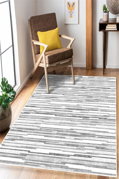 Gri Çizgili Baskılı Kaymaz Yıkanabilir Salon Oturma Odası Mutfak Antre Halısı Yolluk 80 x 250 cm Gri ürün görseli 1