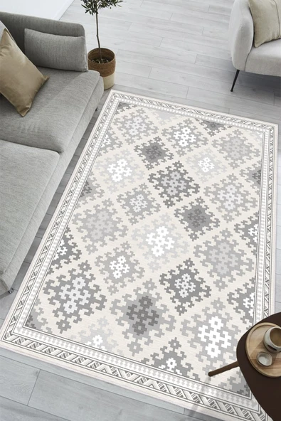 Kilim Desen Baskılı Kaymaz Yıkanabilir Salon Oturma Odası Mutfak Antre Balkon Halısı Yolluk 160 x 230 cm Gri ürün görseli 1