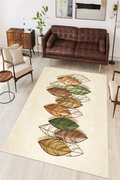 Renkli Yaprak Desenli Baskılı Kaymaz Yıkanabilir Salon Oturma Odası Mutfak Antre Halısı Yolluk 100 x 300 cm Çok Renkli ürün görseli 1
