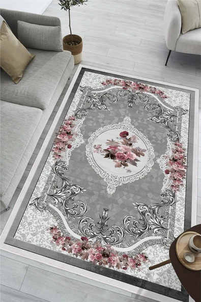 Çiçek Desenli Gri Baskılı Kaymaz Yıkanabilir Salon Oturma Odası Mutfak Antre Balkon Halısı Yolluk 80 x 250 cm Gri ürün görseli 1