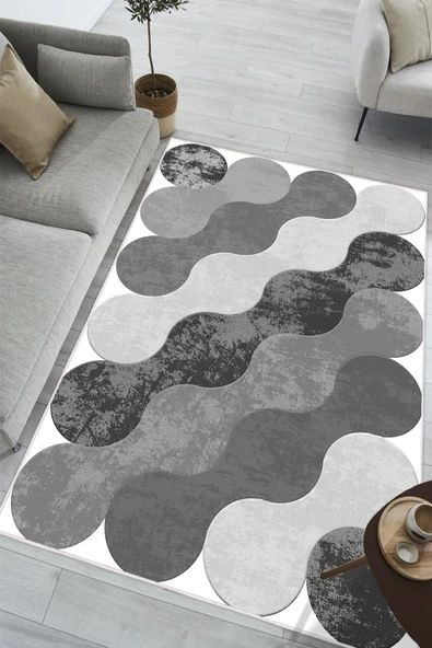 Geometrik Desen Baskılı Kaymaz Yıkanabilir Salon Oturma Odası Mutfak Antre Balkon Halısı Yolluk 200 x 300 cm Gri ürün görseli 1
