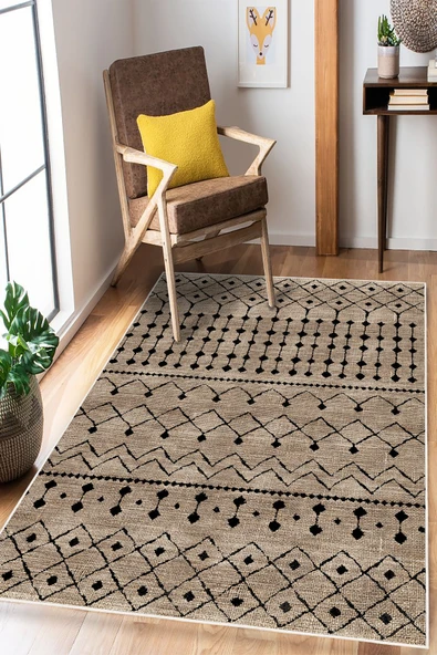 Bohem Çizgili Dijital Baskılı Kaymaz Yıkanabilir Salon Oturma Odası Mutfak Antre Balkon Halı Yolluk 120 x 200 cm Kahverengi ürün görseli 1