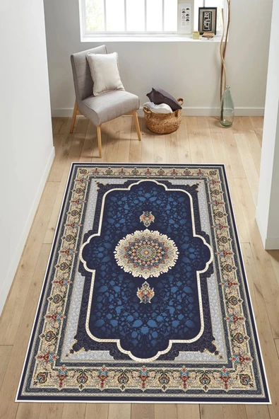 Klasik Desenli Göbekli Baskılı Kaymaz Yıkanabilir Salon Oturma Odası Halısı Yolluk 50 x 60 cm Lacivert ürün görseli 1