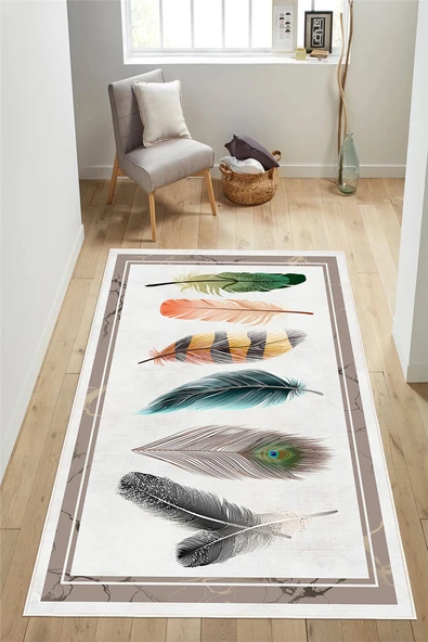 Yaprak Desenli Renkli Baskılı Kaymaz Yıkanabilir Salon Oturma Odası Mutfak Antre Halısı Yolluk 80 x 200 cm Çok Renkli ürün görseli 1
