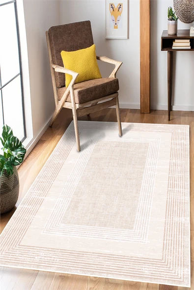 Çerçeveli Modern Baskılı Kaymaz Yıkanabilir Salon Oturma Odası Mutfak Antre Halısı Yolluk 50 x 60 cm Krem