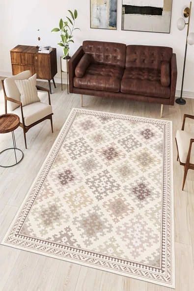 Kilim Desen Baskılı Kaymaz Yıkanabilir Salon Oturma Odası Mutfak Antre Balkon Halısı Yolluk 160 x 250 cm Bej ürün görseli 1
