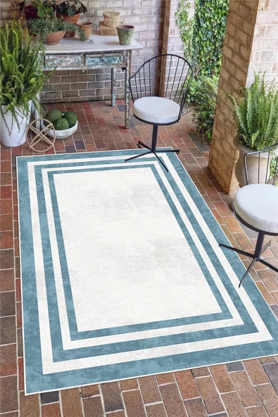 Mavi Çerçeveli Dijital Baskılı Kaymaz Yıkanabilir Salon Oturma Odası Antre Mutfak Halısı Yolluk 160 x 250 cm Mavi ürün görseli 1