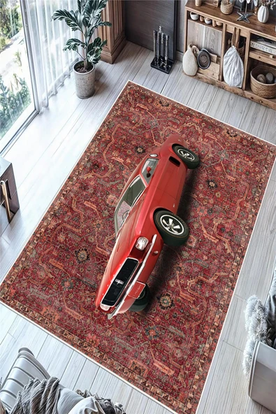 Vintage Desenli Araba Motifli Baskılı Kaymaz Yıkanabilir Salon Oturma Odası Antre Halısı Yolluk 120 x 200 cm Kırmızı ürün görseli 1