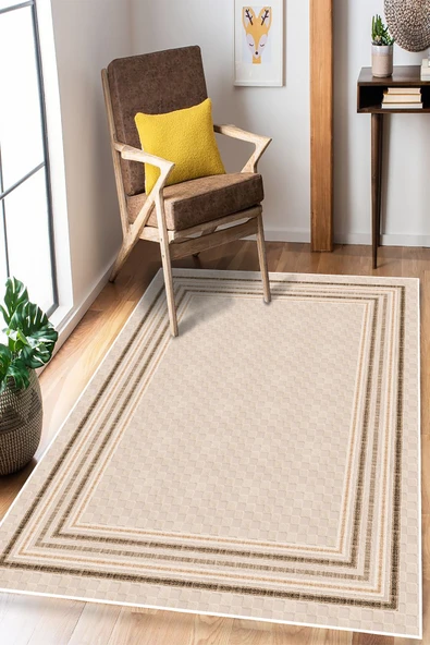 Modern Çerçeveli Baskılı Kaymaz Yıkanabilir Salon Oturma Odası Mutfak Antre Halısı Yolluk 200 x 300 cm Bej ürün görseli 1