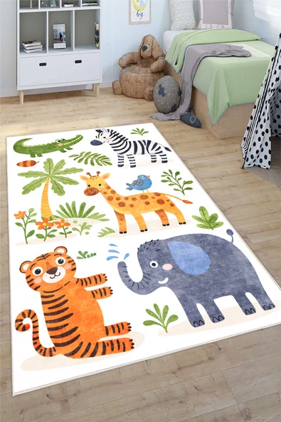 Sevimli Hayvan Desenli Dijital Baskılı Yıkanabilir Kaymaz Taban Çocuk Halısı 80 x 200 cm Çok Renkli ürün görseli 1