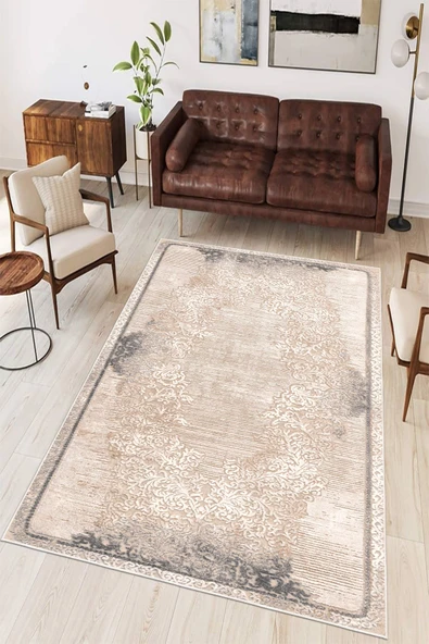 Çerçeve Desen Baskılı Kaymaz Yıkanabilir Salon Oturma Odası Mutfak Antre Halısı Yolluk 200 x 250 cm Gri ürün görseli 1