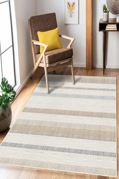 Çizgili Desen Baskılı Kaymaz Yıkanabilir Salon Oturma Odası Mutfak Antre Halısı Yolluk 200 x 300 cm Krem ürün görseli 1