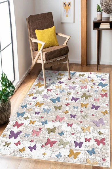 Renkli Kelebek Desenli Baskılı Kaymaz Yıkanabilir Salon Oturma Odası Mutfak Antre Halısı Yolluk 100 x 250 cm Çok Renkli ürün görseli 1