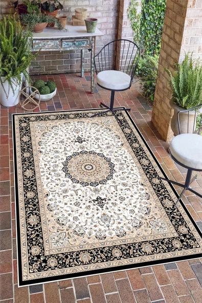 Klasik Desenli Siyah Dijital Baskılı Kaymaz Yıkanabilir Salon Oturma Odası Halısı Yolluk 120 x 180 cm Siyah ürün görseli 1