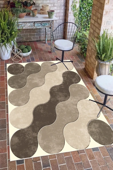 Geometrik Desen Baskılı Kaymaz Yıkanabilir Salon Oturma Odası Mutfak Antre Balkon Halısı Yolluk 80 x 150 cm Bej ürün görseli 1