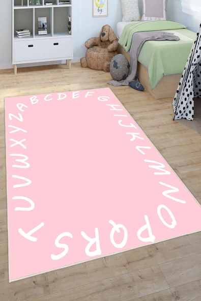 Alfabe Desenli Baskılı Yıkanabilir Kaymaz Taban Eğitici Öğretici Anaokulu ve Kreş Halısı 160 x 250 cm Pembe ürün görseli 1