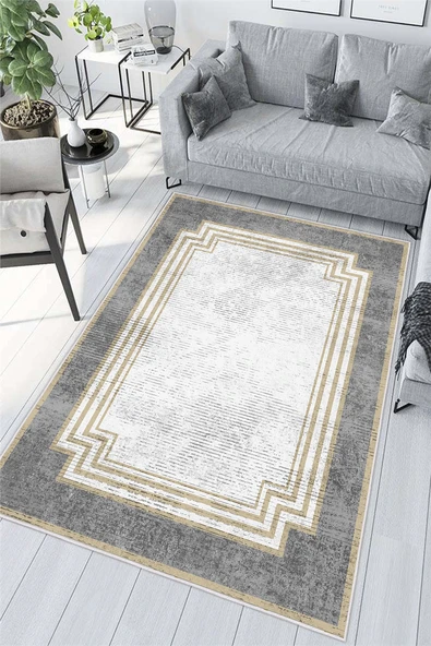 Modern Çerçeve Desenli  Baskılı Kaymaz Yıkanabilir Salon Oturma Odası Mutfak Antre Halısı Yolluk 200 x 300 cm Gri ürün görseli 1