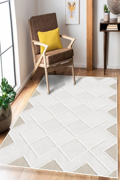 Modern Desen Baskılı Kaymaz Yıkanabilir Salon Oturma Odası Mutfak Antre Halısı Yolluk 80 x 150 cm Bej ürün görseli 1