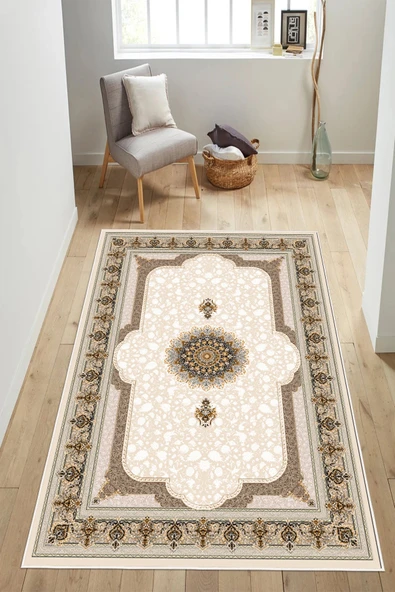 Klasik Desenli Göbekli Baskılı Kaymaz Yıkanabilir Salon Oturma Odası Halısı Yolluk 200 x 300 cm Bej ürün görseli 1