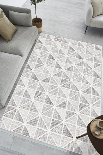 Geometrik Desenli Modern Baskılı Kaymaz Yıkanabilir Salon Oturma Odası Mutfak Antre Halısı Yolluk 80 x 400 cm Gri ürün görseli 1