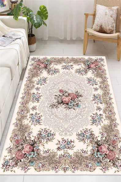 Çiçek Desenli Baskılı Kaymaz Yıkanabilir Salon Oturma Odası Mutfak Antre Balkon Halısı Yolluk 50 x 60 cm Çok Renkli