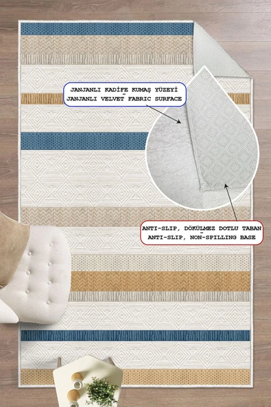 Çizgili Desen Baskılı Kaymaz Yıkanabilir Salon Oturma Odası Mutfak Antre Halısı Yolluk 200 x 290 cm Çok Renkli ürün görseli 1