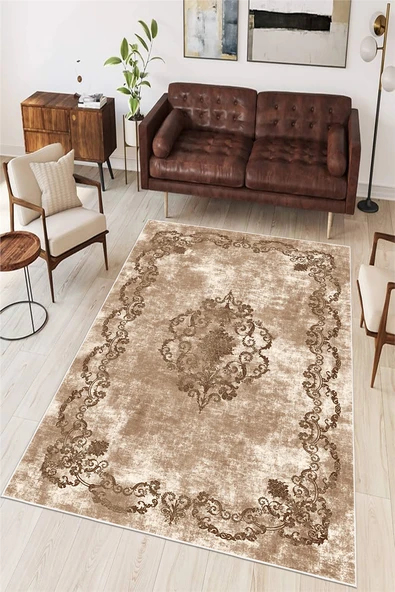 Klasik Çerçeveli Göbekli Baskılı Kaymaz Yıkanabilir Salon Oturma Odası Antre Halısı Yolluk 80 x 250 cm Kahverengi ürün görseli 1