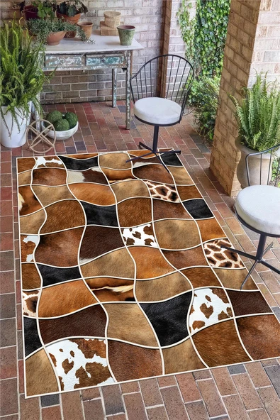 Deri Patchwork Desenli Baskılı Kaymaz Yıkanabilir Salon Oturma Odası Mutfak Antre Halısı Yolluk 160 x 230 cm Kahverengi ürün görseli 1